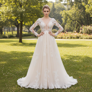 Long Sleeve See Through Tulle A-Line Wedding Dresses