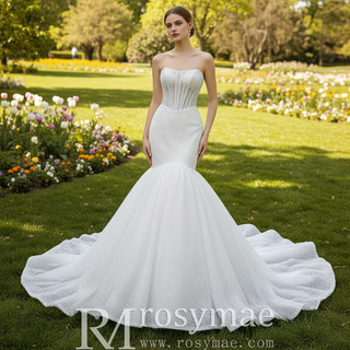 Strapless Shiny Trumpet Wedding Dress with Curve Neck