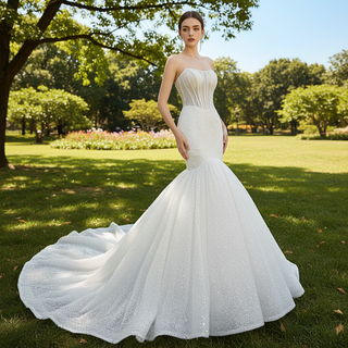 Strapless Shiny Trumpet Wedding Dress with Curve Neck