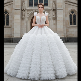 Vintage Tiered Ruffle Puffy Wedding Dress Princess Bridal Gown