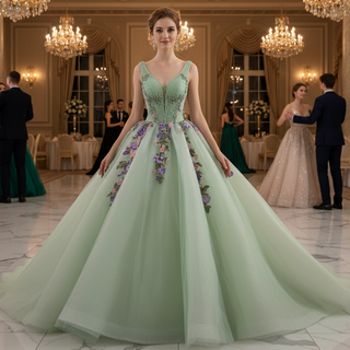 Luxury Plunging Light Green Quinceanera Dresse with Width Straps