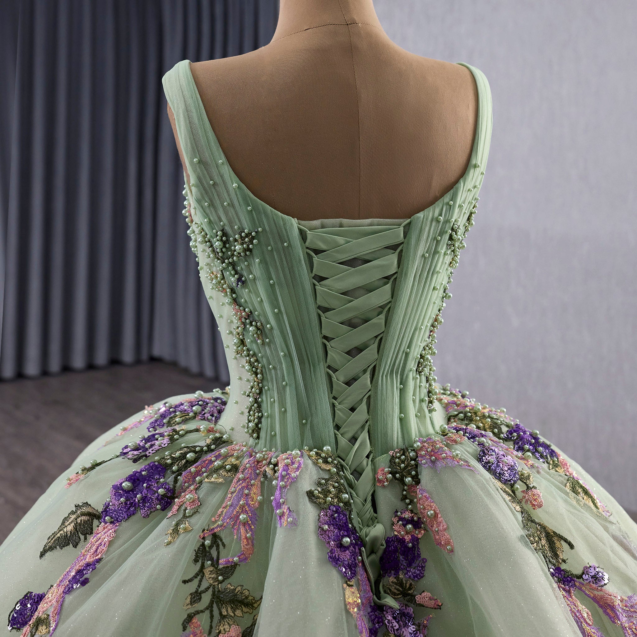 Luxury Plunging Light Green Quinceanera Dresse with Width Straps Rosymae Luxury Plunging Light Green Quinceanera Dresse with Width Straps Rosymae