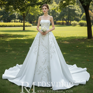 Beaded Handmade Flower Satin Strapless Wedding Dress