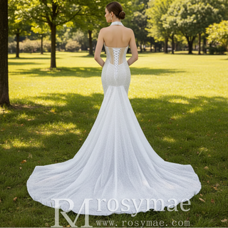 Sheer Pearl Mermaid Wedding Dress with Halter Neck Bridal Dress