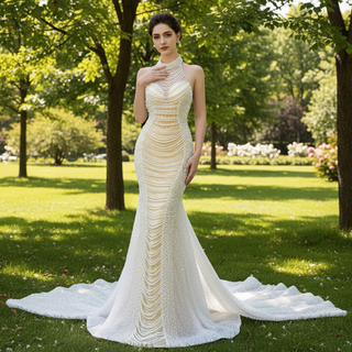 Sheer Pearl Mermaid Wedding Dress with Halter Neck Bridal Dress