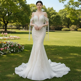 Beaded Pearl Mermaid Wedding Dress Bridal Dress with Off the Shoulder