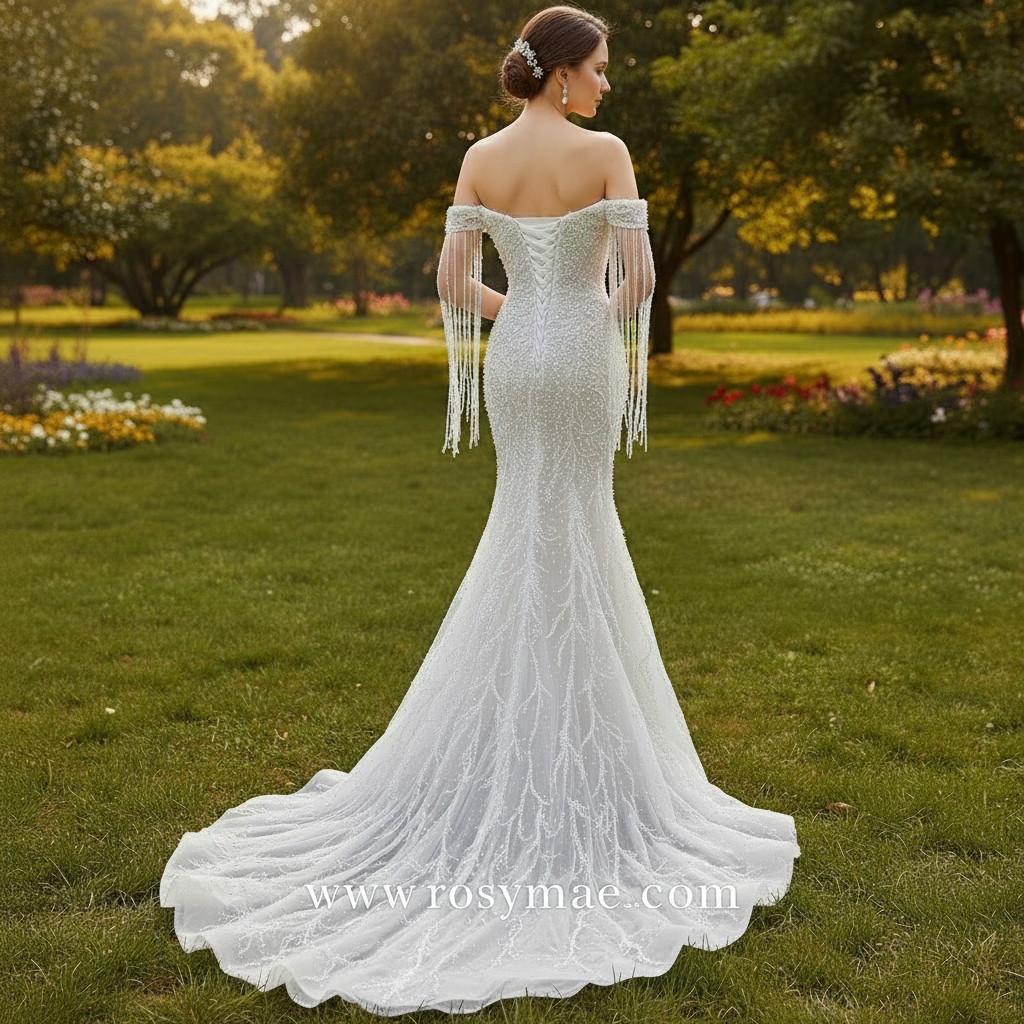 Beaded Pearl Mermaid Wedding Dress Bridal Dress with Off the Shoulder Custom Color / 18W Beaded Pearl Mermaid Wedding Dress Bridal Dress with Off the Shoulder Custom Color / 18W