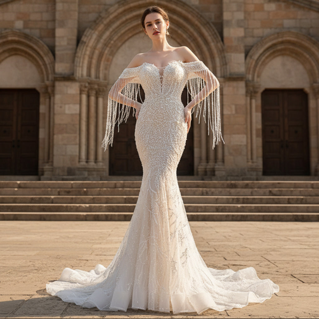 Beaded Pearl Mermaid Wedding Dress Bridal Dress with Off the Shoulder Custom Color / 18W Beaded Pearl Mermaid Wedding Dress Bridal Dress with Off the Shoulder Custom Color / 18W