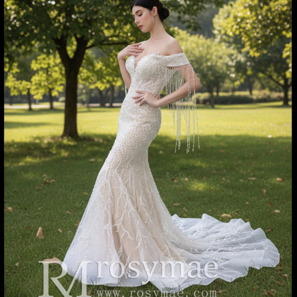 Beaded Pearl Mermaid Wedding Dress Bridal Dress with Off the Shoulder Custom Color / 18W Beaded Pearl Mermaid Wedding Dress Bridal Dress with Off the Shoulder Custom Color / 18W