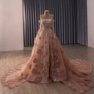 Blushing A-Line Pink Evening Dress Off-Shoulder Long Sleeve with Beading & Sequins