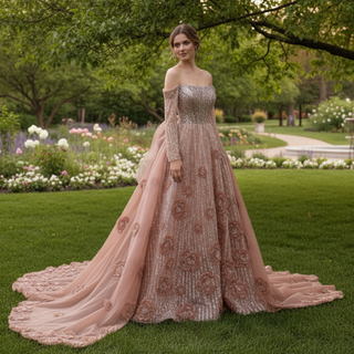 Blushing A-Line Pink Evening Dress Off-Shoulder Long Sleeve with Beading & Sequins