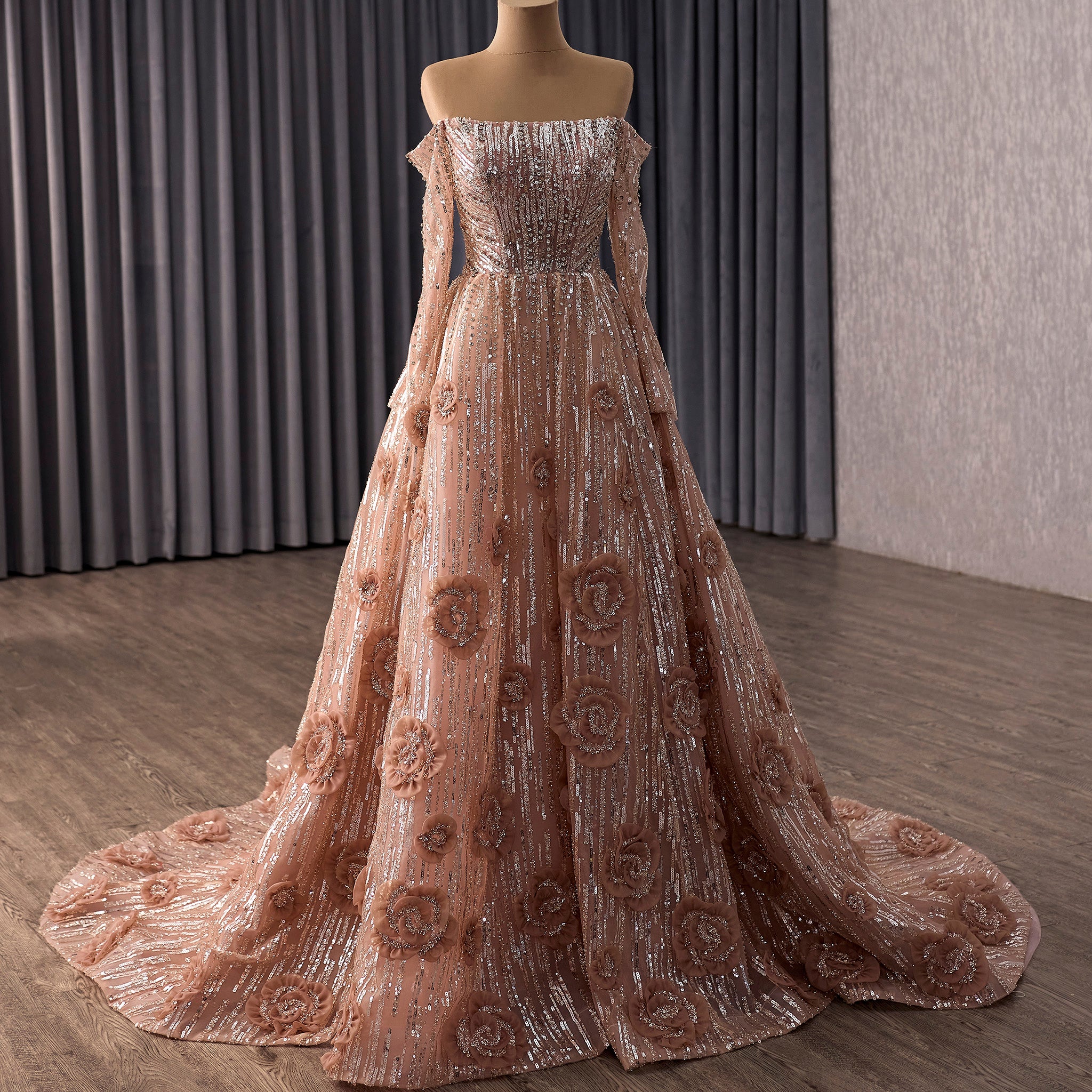 Blushing A-Line Pink Evening Dress Off-Shoulder Long Sleeve with Beading & Sequins Blush / 4 Blushing A-Line Pink Evening Dress Off-Shoulder Long Sleeve with Beading & Sequins Blush / 4