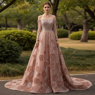 Blushing A-Line Pink Evening Dress Off-Shoulder Long Sleeve with Beading & Sequins