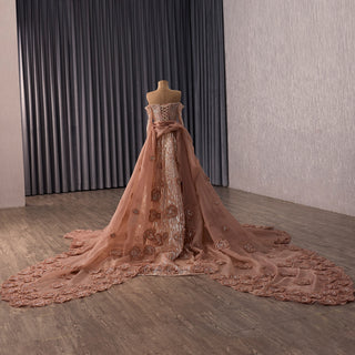 Blushing A-Line Pink Evening Dress Off-Shoulder Long Sleeve with Beading & Sequins