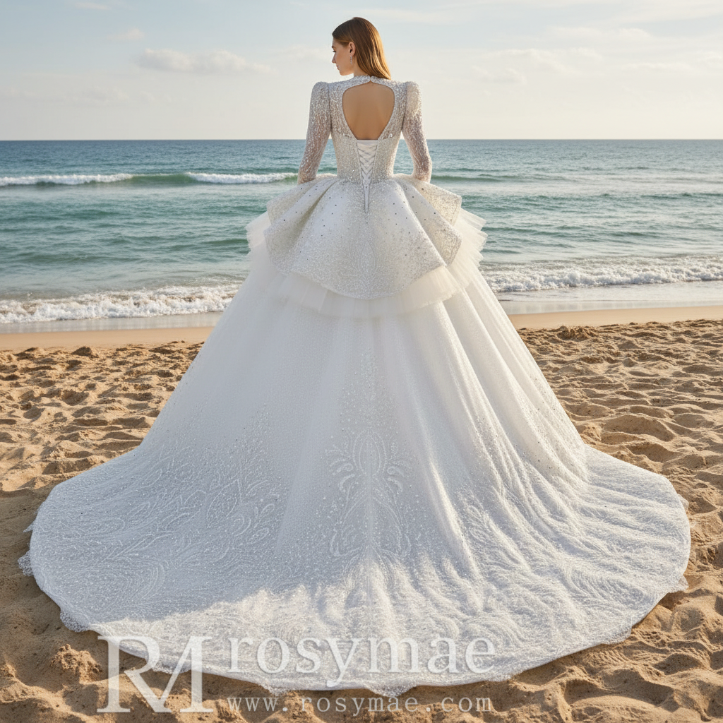 Puffy Skirt Luxury Sparkly Long Sleeve Wedding Dress with Keyhole White / 18 Puffy Skirt Luxury Sparkly Long Sleeve Wedding Dress with Keyhole White / 18