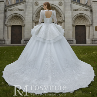 Puffy Skirt Luxury Sparkly Long Sleeve Wedding Dress with Keyhole