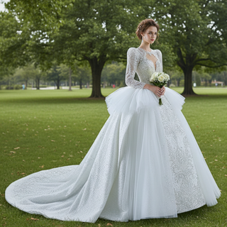 Vestido de novia de manga larga brillante de lujo con falda hinchada y ojo de cerradura