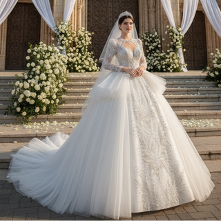 Puffy Skirt Luxury Sparkly Long Sleeve Wedding Dress with Keyhole