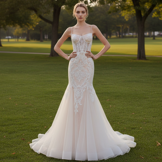 Spaghetti Strap Vintage Mermaid Lace Appliques Wedding Dress