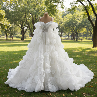 Luxury Spaghetti Straps Ball Gown Wedding Dress with Detachable Cape