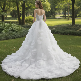 Luxury Spaghetti Straps Ball Gown Wedding Dress with Detachable Cape