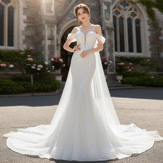Beaded Off the Shoulder Mermaid Wedding Dress with Long Cape Sleeve