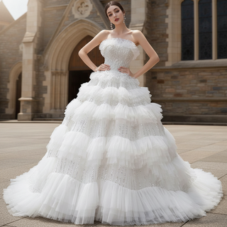 Elegant Strapless Big Skirt Ball Gown Sparkly Wedding Dress