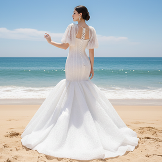 Mermaid Pearl Wedding Dress Puffed Half Sleeve Bridal Dress