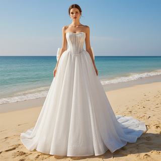 Luxury A-line Sparkly Wedding Dress with Detachable Bowknot