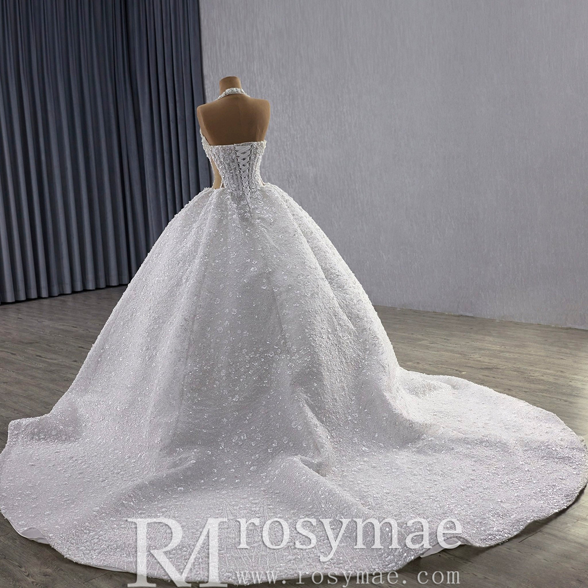 Sparkly Handmade Ball Gown Halter Wedding Dress with Sheer Bodice White / 4 Sparkly Handmade Ball Gown Halter Wedding Dress with Sheer Bodice White / 4