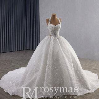 Sparkly Handmade Ball Gown Halter Wedding Dress with Sheer Bodice