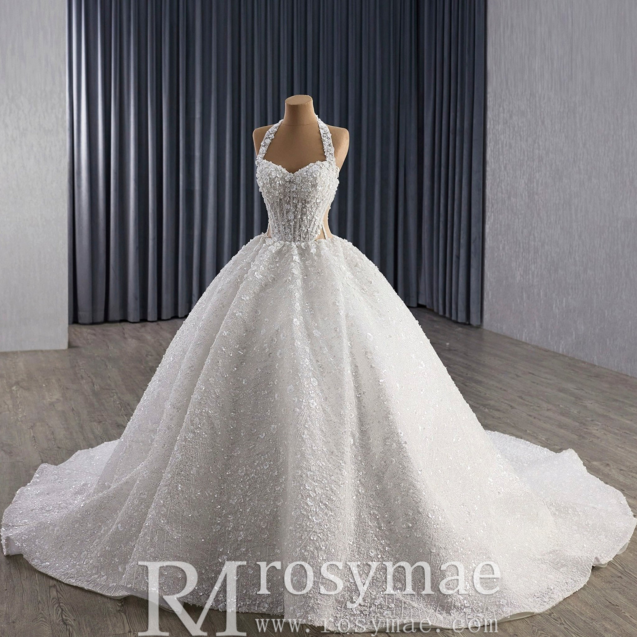 Sparkly Handmade Ball Gown Halter Wedding Dress with Sheer Bodice White / 4 Sparkly Handmade Ball Gown Halter Wedding Dress with Sheer Bodice White / 4