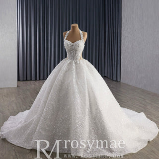 Sparkly Handmade Ball Gown Halter Wedding Dress with Sheer Bodice