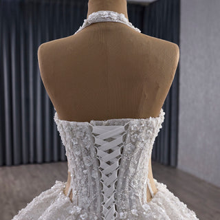 Sparkly Handmade Ball Gown Halter Wedding Dress with Sheer Bodice