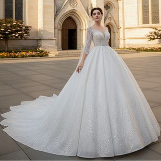 Gorgeous Beaded Wedding Dress Long Sleeve Dubai Wedding Gown
