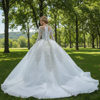 Luxury Dubai Long Sleeve Beaded Sequins Puffy Wedding Dress