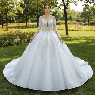 Luxury Dubai Long Sleeve Beaded Sequins Puffy Wedding Dress