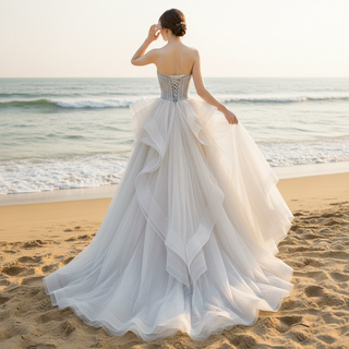 Strapless Beaded Lace Ruffle Country Wedding Dresses in Grey