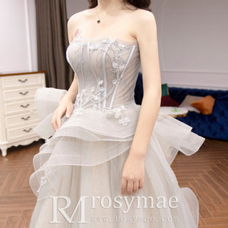 Strapless Beaded Lace Ruffle Country Wedding Dresses in Grey