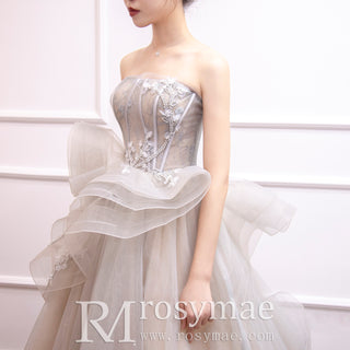 Strapless Beaded Lace Ruffle Country Wedding Dresses in Grey