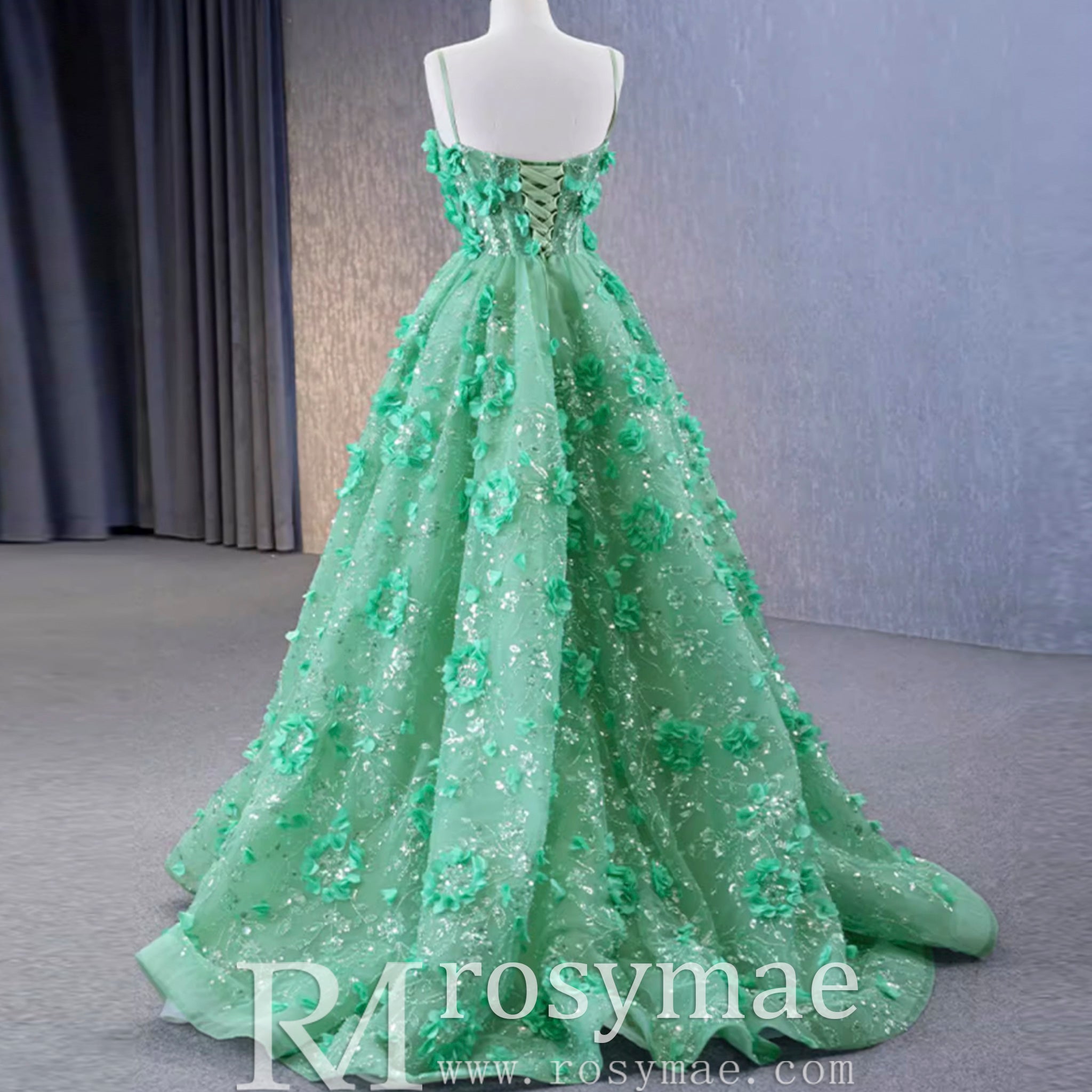 A-line 3D Flower Lace Prom Dress Formal Dress with Spaghetti Strap Rosymae A-line 3D Flower Lace Prom Dress Formal Dress with Spaghetti Strap Rosymae