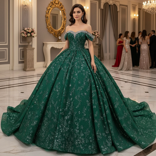 Gorgeous Sequin Basque Waist Wedding Gown Off Shoulder Quinceanera Dress