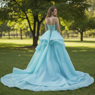 Ruffle Beaded Wedding Dress with Overskirt Strapless Formal Gown