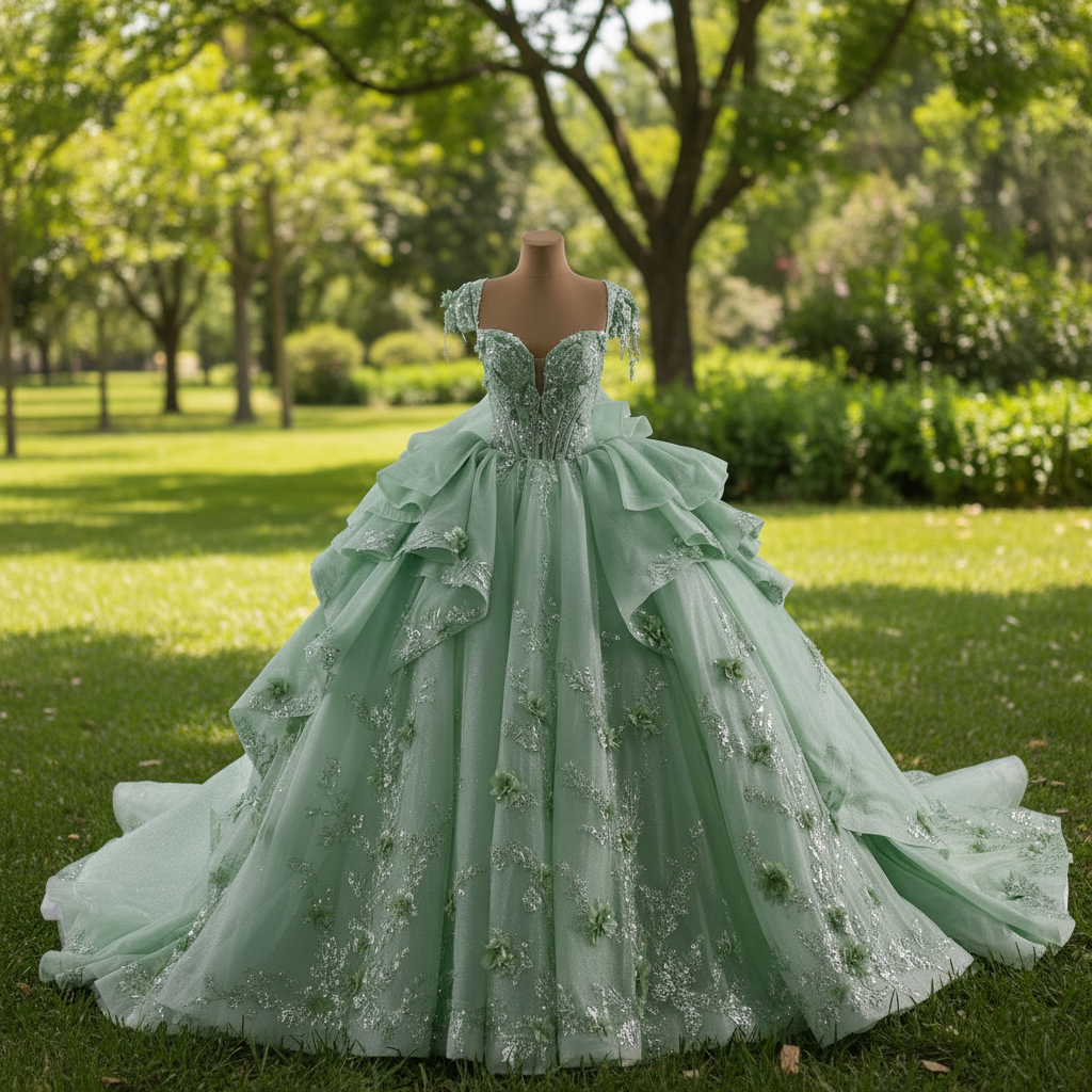 Elegant Ruffle Skirt Light Green Quinceanera Dress Sweet 15 with 3D Flowers Light Green / 16W Elegant Ruffle Skirt Light Green Quinceanera Dress Sweet 15 with 3D Flowers Light Green / 16W