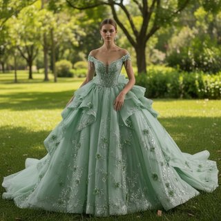 Elegant Ruffle Skirt Light Green Quinceanera Dress Sweet 15 with 3D Flowers Light Green / 16W Elegant Ruffle Skirt Light Green Quinceanera Dress Sweet 15 with 3D Flowers Light Green / 16W
