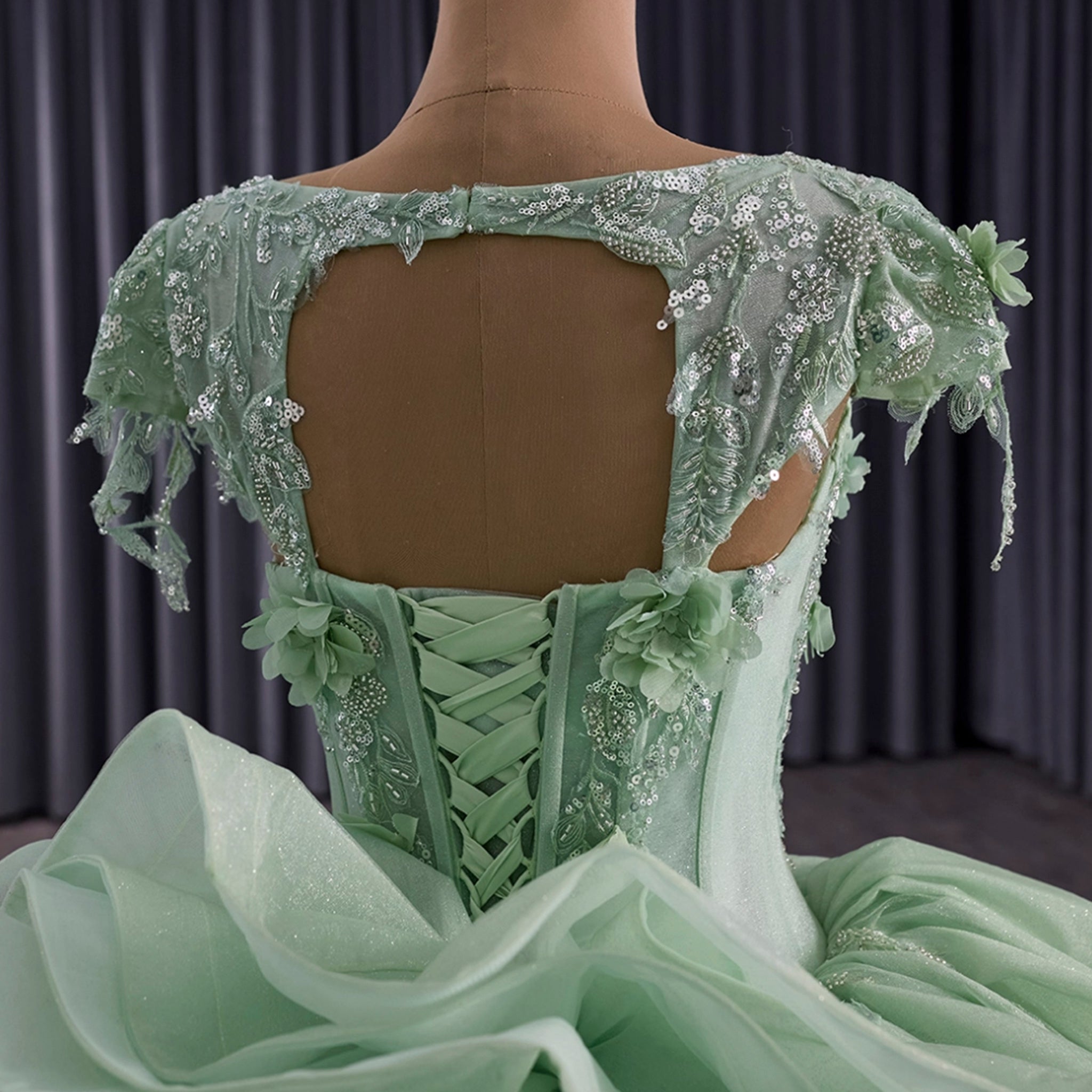 Elegant Ruffle Skirt Light Green Quinceanera Dress Sweet 15 with 3D Flowers Light Green / 16W Elegant Ruffle Skirt Light Green Quinceanera Dress Sweet 15 with 3D Flowers Light Green / 16W