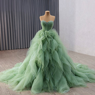 Green Strapless Tulle Party Dress Formal Gown with Ruffled Skirt