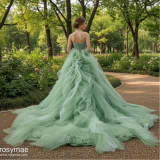 Elegant Green Strapless Tulle Party Dress Formal Gown with Ruffled Skirt