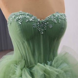 Green Strapless Tulle Party Dress Formal Gown with Ruffled Skirt