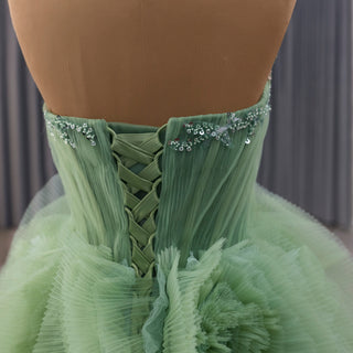 Green Strapless Tulle Party Dress Formal Gown with Ruffled Skirt